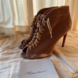 NEW Santoni Rose Collection Neiman Marcus Velvet Lace-Up Heeled Ankle Booties